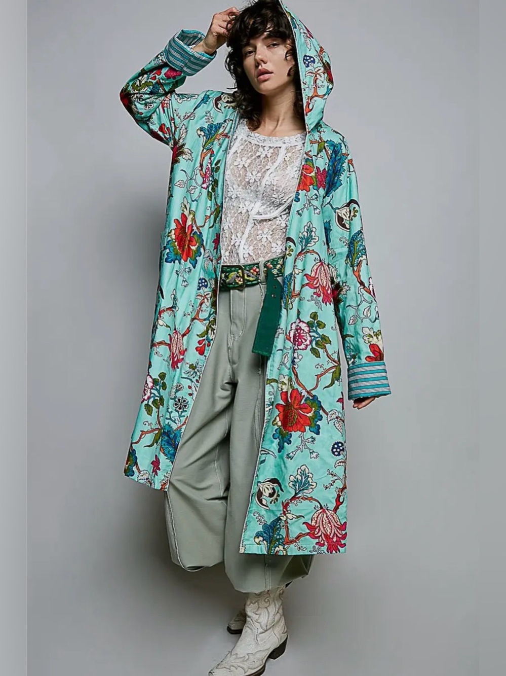 POL Cotton Floral Hooded Duster Coat